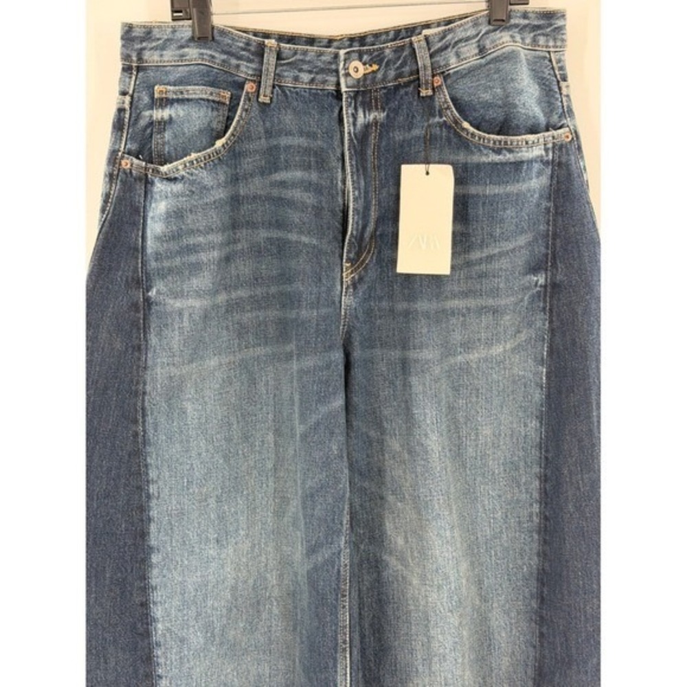 Zara Two Tone Barrel Leg Jeans High Waisted Wide Leg Blue Denim Sz 34 - Picture 7 of 13